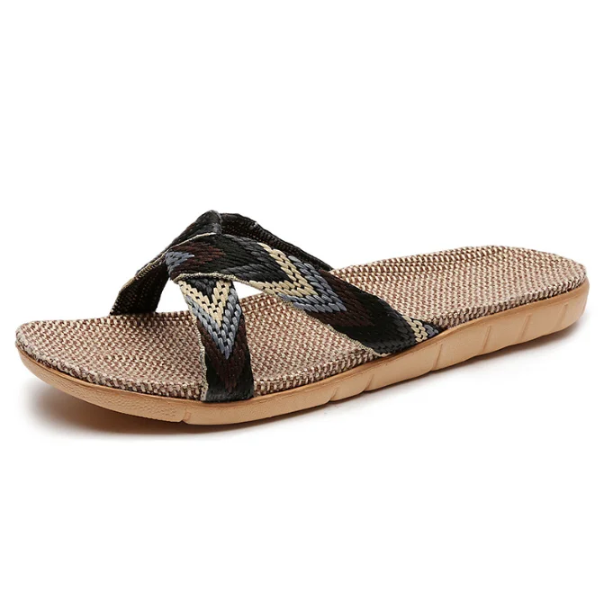 Cross Linen Slippers Female Couple Indoor Home Quiet Soft Bottom Sandals and Slippers Home Shoes