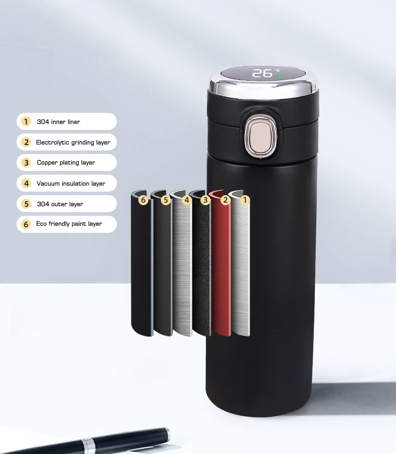 Beauchy Portable 420ml 304 Stainless Steel Bounce Coffee Cup Vacuum Flask Smart Water Bottle With Led Temperature Display