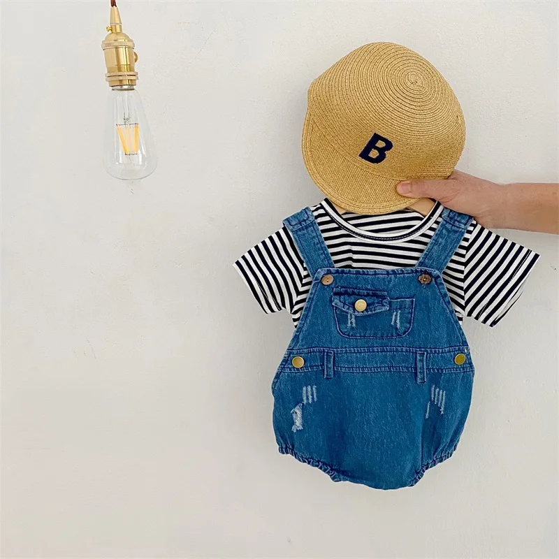 Cotton Denim Bib Romper + Striped T-Shirt Two-Piece Set Baby Romper Clothes Set