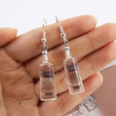 2021 New Arrivals Top Selling Creative Funny Imitation Vodka Bottle Hanging Resin Transparent Pendant Jewellery Earrings Trendy