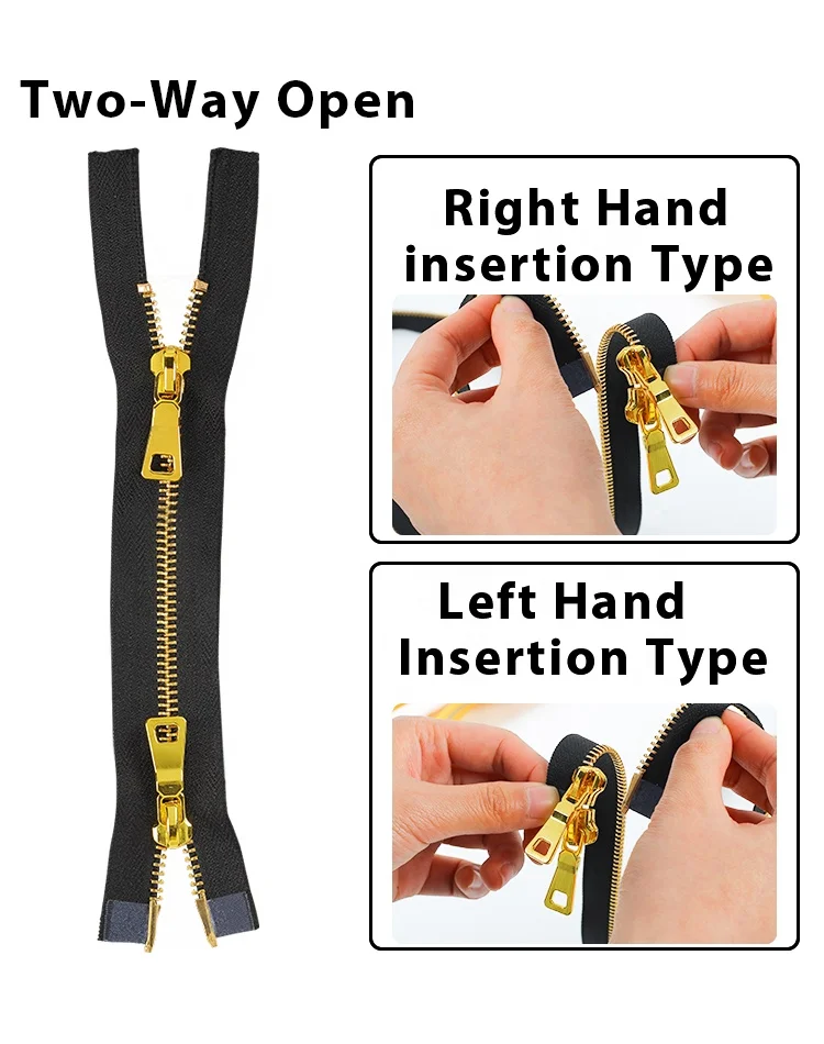 Factory Direct Sale Custom 5# Y Golden Teeth Metal Zipper Two Way Open End Colorful Tape Brass Copper Metal Zipper For Jackets