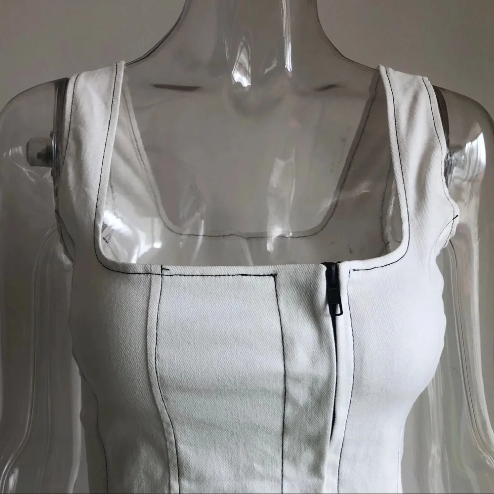 
Sexy demin tops square neck feminino casual white jeans tops women tank top 