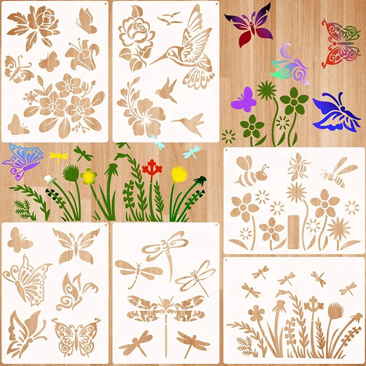 6 Pieces Flower Butterfly Painting Stencil Bird Bee Drawing Template Reusable Plastic Stencil