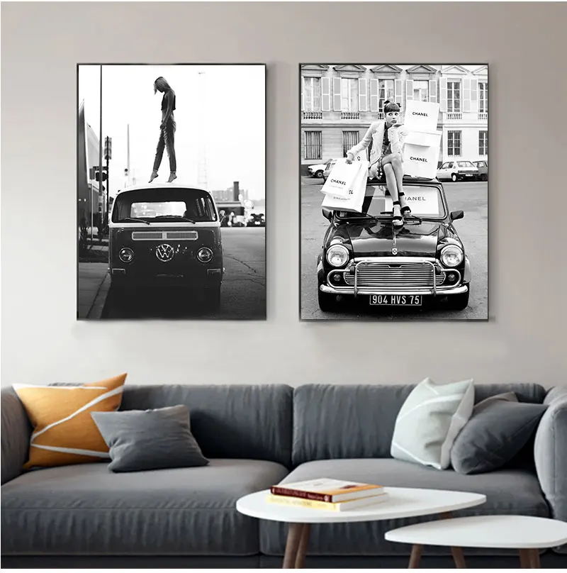 Fashion Retro Style Black White Photo s Vintage Street Art Canvas Painting Retro Car Vogue Girl Pictures Home Decor
