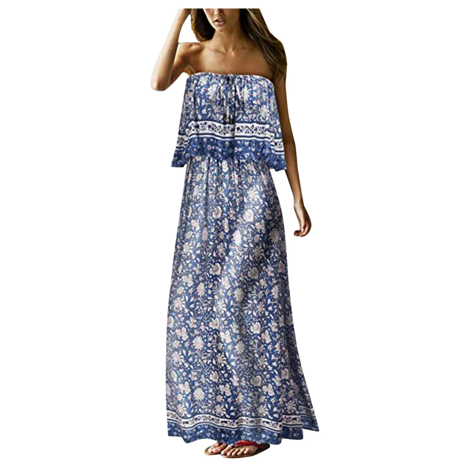 2021Summer new strapless vintage floral print dress bohemian beach dress