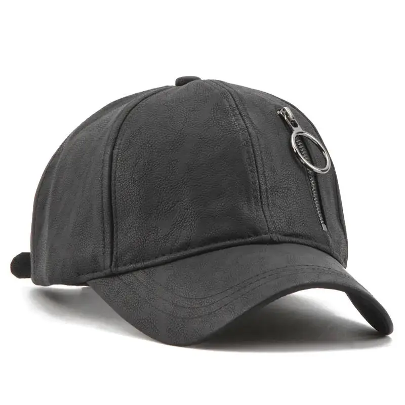 Wholesale Unique New Design Plain Black Leather Baseball Cap and Hats with Zipper Pocket