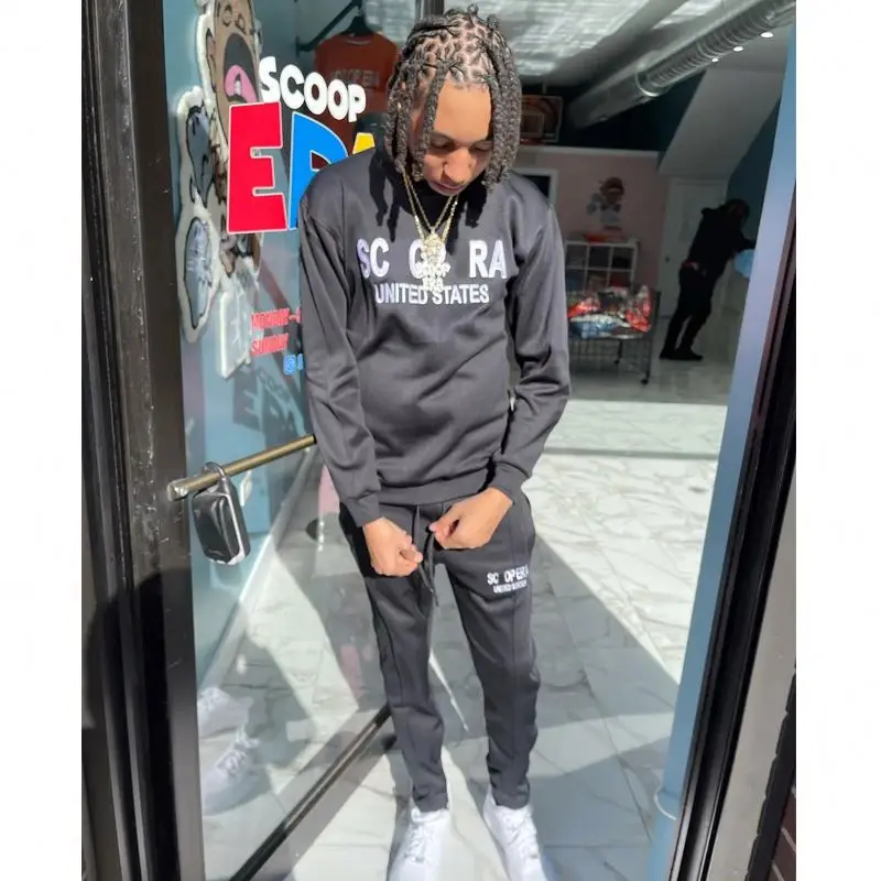 Custom Embroidered Printed Logo Men Tracksuit Cotton Polyester Two Piece Pants Set