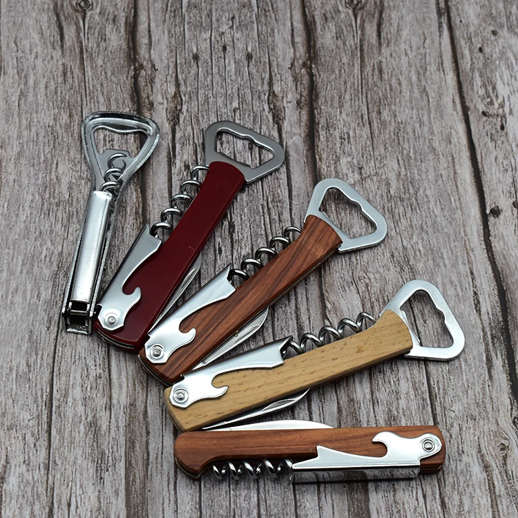 Deluxe Multifunctional Wood Handle Double Hinge Beer Opener Stainless Steel Wine Bottle Corkscrew For Waiters