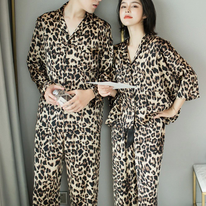 2023 New Silk Sleepwear Pajamas Set Silk Sleepwear Women 2PCS Men Leopard Print Solid Silk like Satin Pajamas
