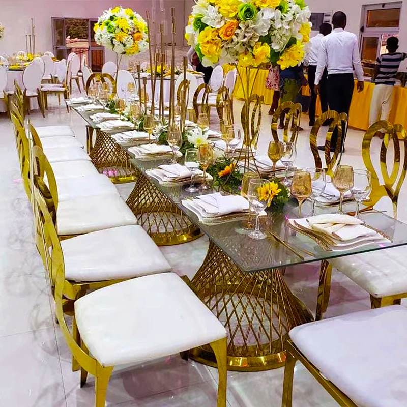 12 seater glass top silver metal table design and chairs for wedding dining