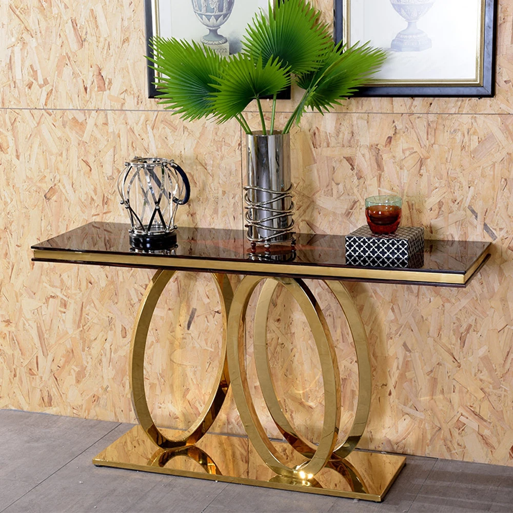 Luxury Living Room Furniture Gold Hallway Mirror Marble Glass Gold Metal Frame Console Table for Home