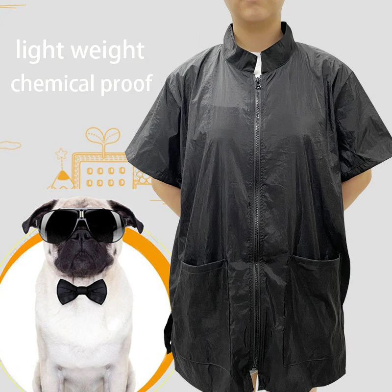 High Quality Barber Pet Shop Black Work Uniform Polyester Apron Waterproof Short Sleeve Grooming Hairdresser Work Clothes Salon