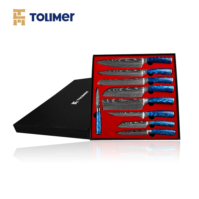 Professional Chef Knife 9 pcs kitchen knife set Stainless Steel resin Blue handle Chef knife