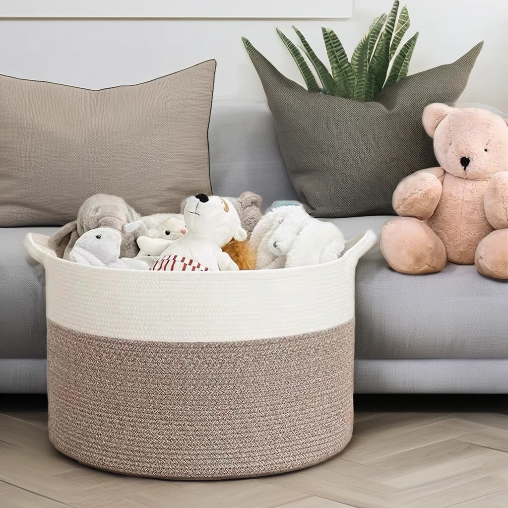 Wholesale Laundry Basket Large Size Fabric Straw Organizer Featuring Handles for Clothing Storage Cotton Rope