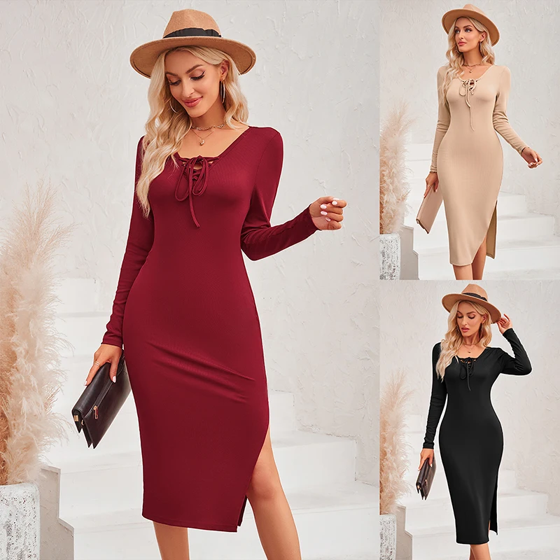 Autumn Winter Clothes Dress 2023 Custom Logo Sexy Midi Womens Dresses Casual Lady Elegant Knitted Slit Ladies Bodycon Dress