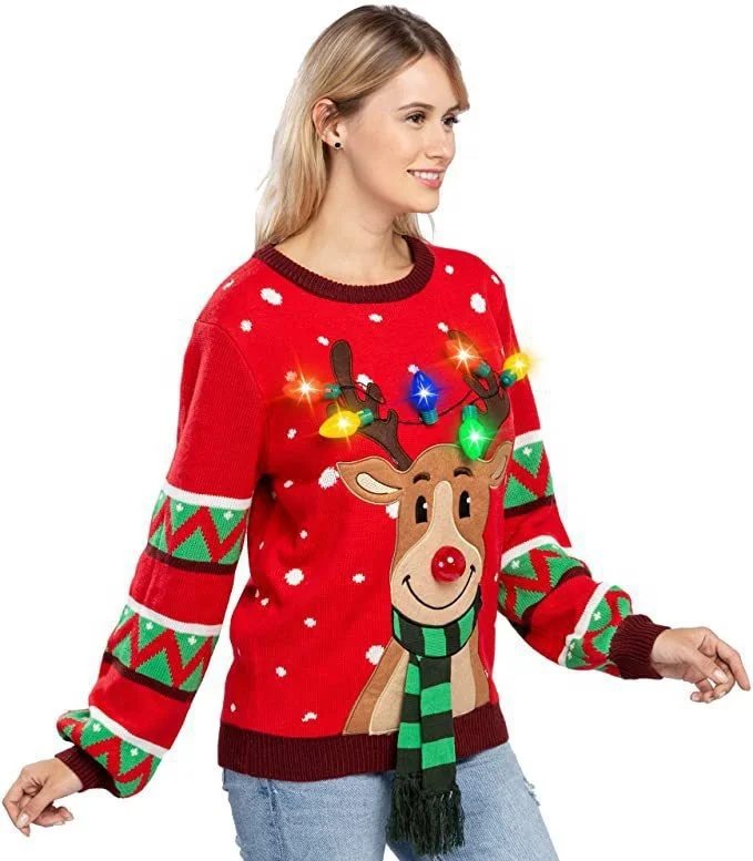 New Arrival Christmas Xmas Jumper Factory Custom Women Adult Jacquard Deer Music Ugly Christmas Sweater Jumper With Led Lights