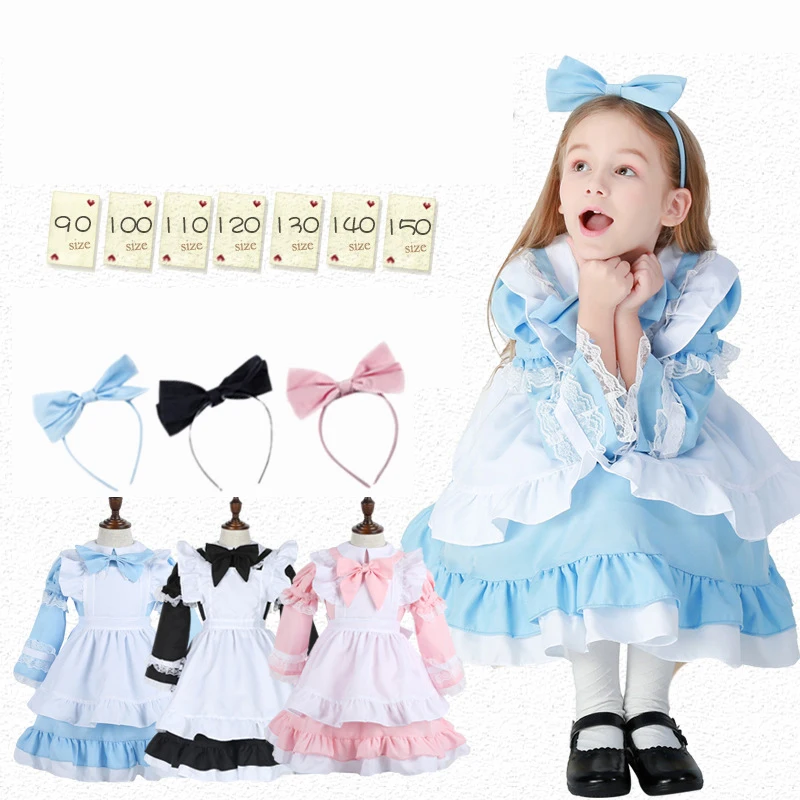 Halloween Cosplay Wonderland Alice Maid Dress Girl Performance Costume Lace Lolita Maid Apron Dresses with Headband Adult Kid