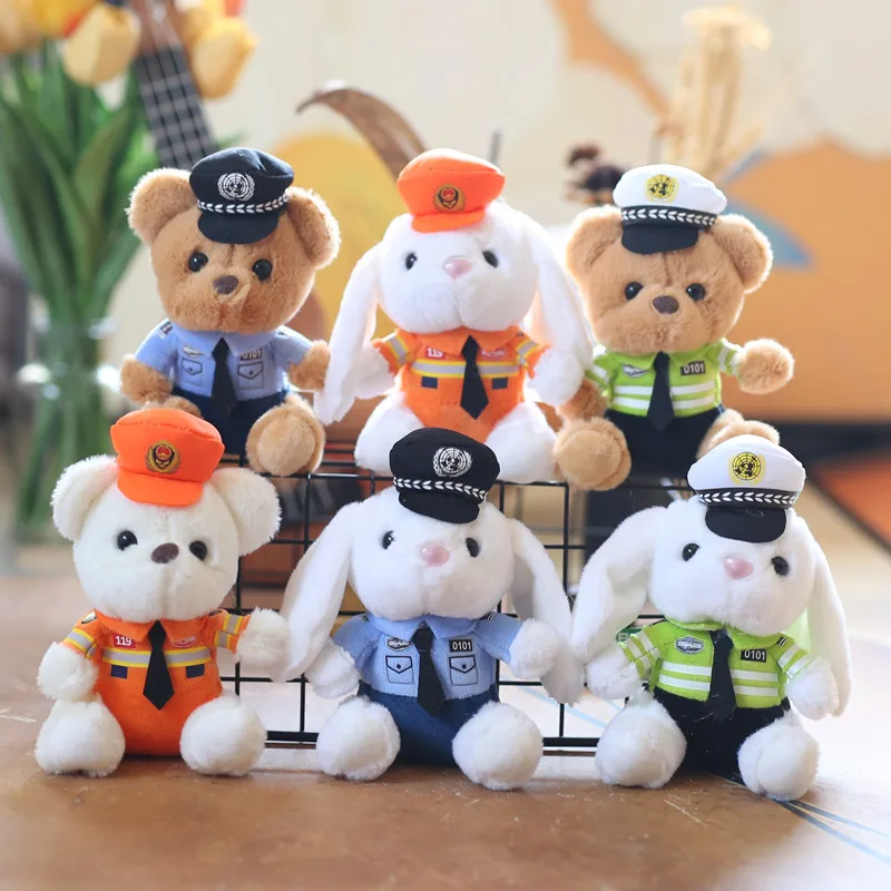 Wholesale Soft Cute Stuffed Animal Fireman Bear With Cap Plush Toys Teddy Bear Keychains Fire Police Bear Bag Pendant Ornament