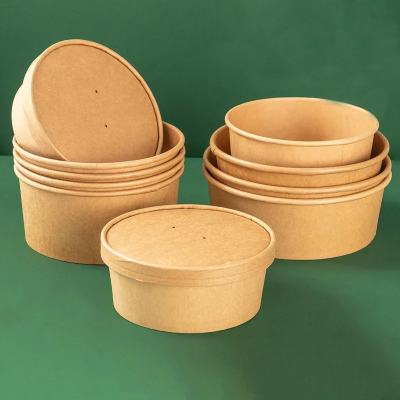 Disposable Kraft Paper Salad Bowl Can Be Added Lid Packaging Food Round Kraft Paper Lunch Box