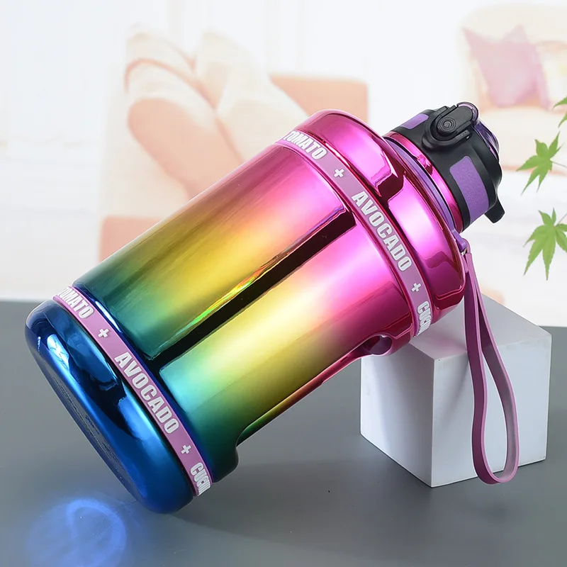 New Arrival Dazzling 2200ml  Large Capacity Double Wall Gym Sports Plastic Water Bottle With Straw And Handle