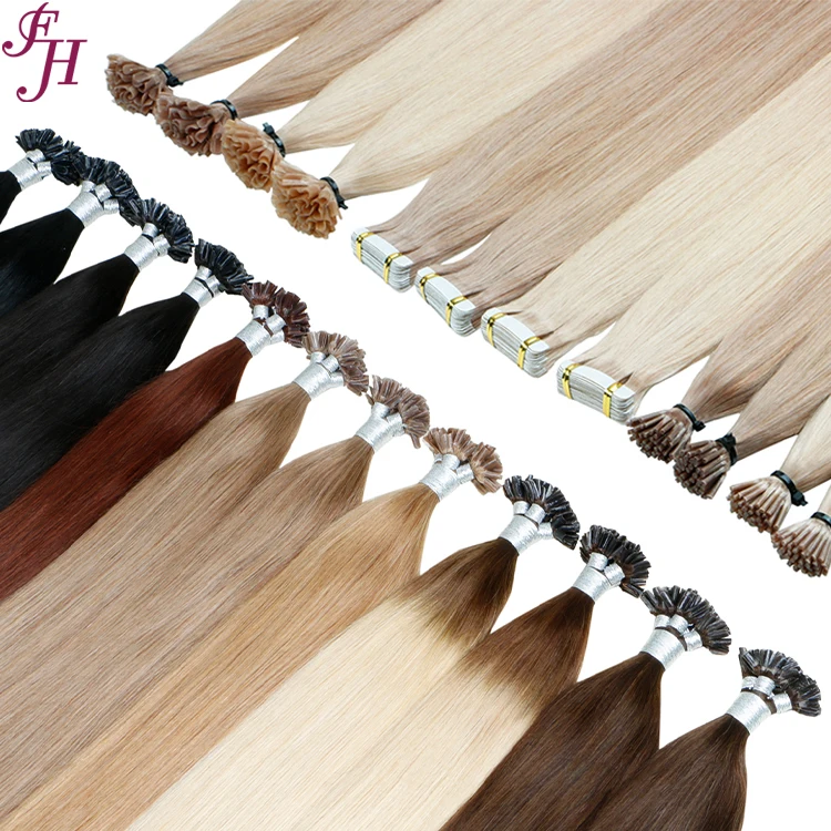 FH remy straight human hair double drawn keratin i tip u tip flat tip hair extension tape ins hair extension