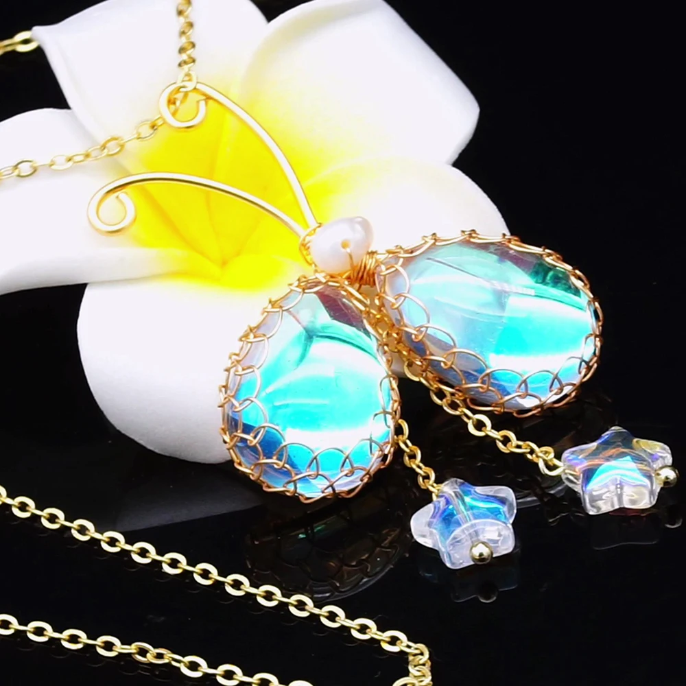 European And American Style Butterfly Charms Pearl Necklace, Opal Butterfly Necklace With Pearls