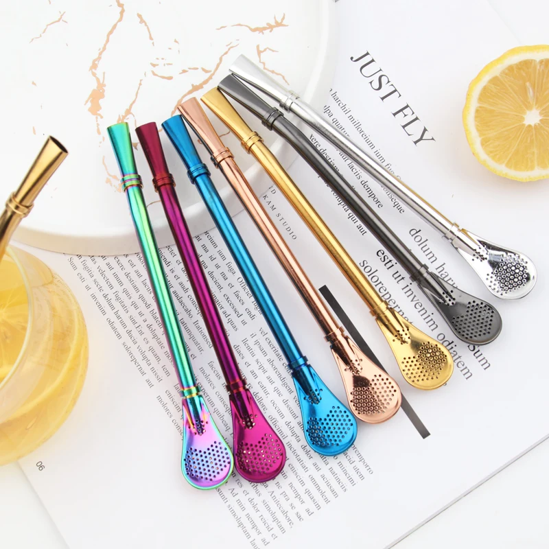 Eco-friendly reusable stainless steel metal drinking straw colorful filter straw spoon