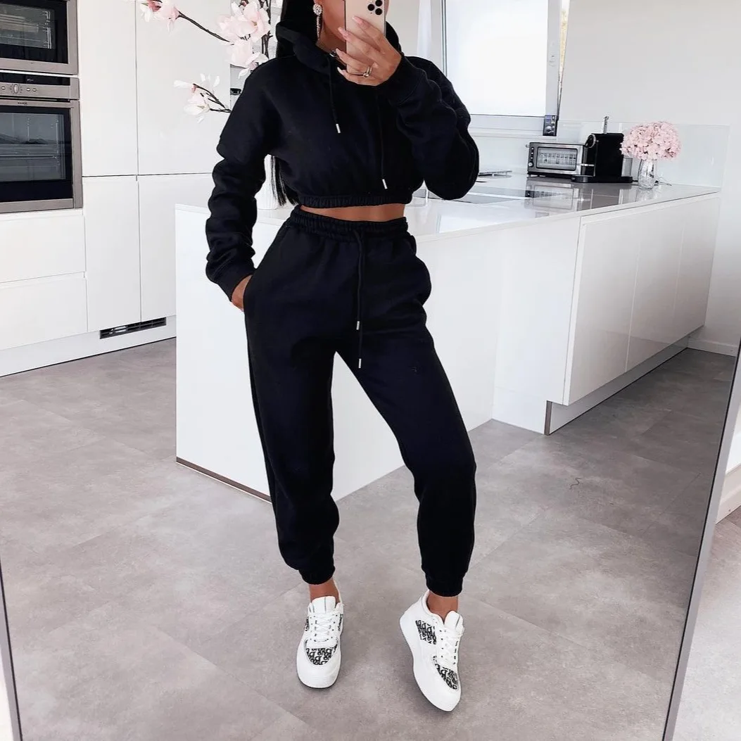 Sweat pants and hoodie set for Women Set 2 Piece Tracksuits Outfits Sexy Long Sleeve Crop Hoodie Jogger pants Matching Sets