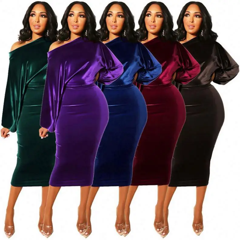 Autumn New Plus Size Midi Dresses Nightclub Evening Skinny One Shoulder Long Sleeve Velvet Dress Plus Size Dress For Woman
