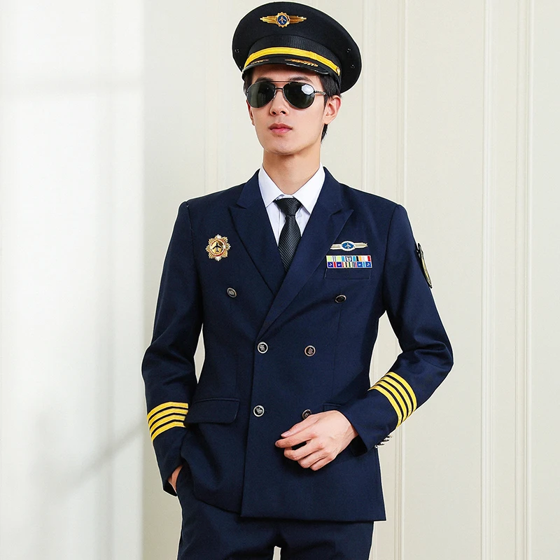 Navy Blue Double Breasted Airline Flight Attendant Aviator Pilot Jacket Suits Airline Pilot Uniforms