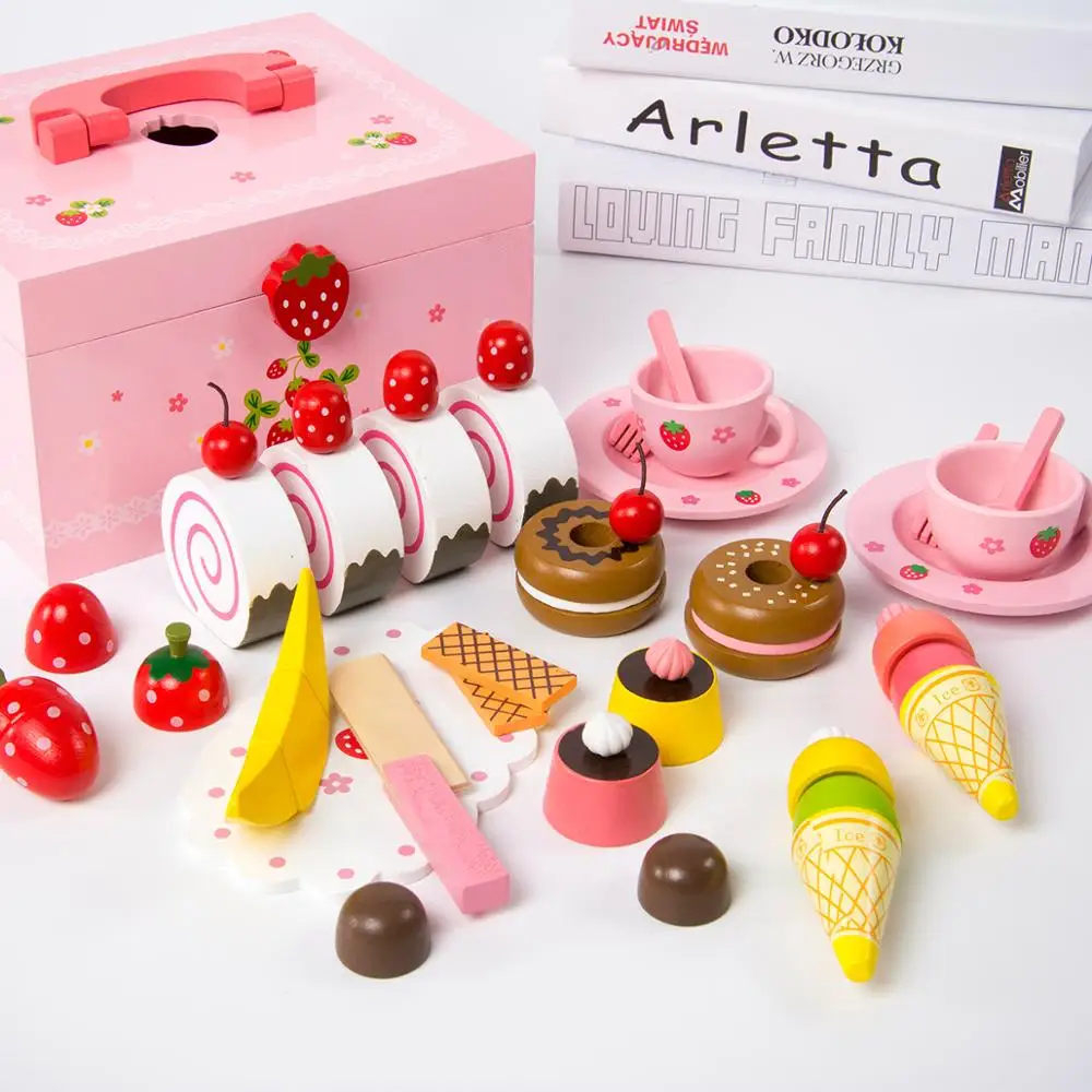 Hot Sale Cherry Bear Ice Cream Dessert Party Set Fruit Wooden afternoon tea snack Toys For Kids