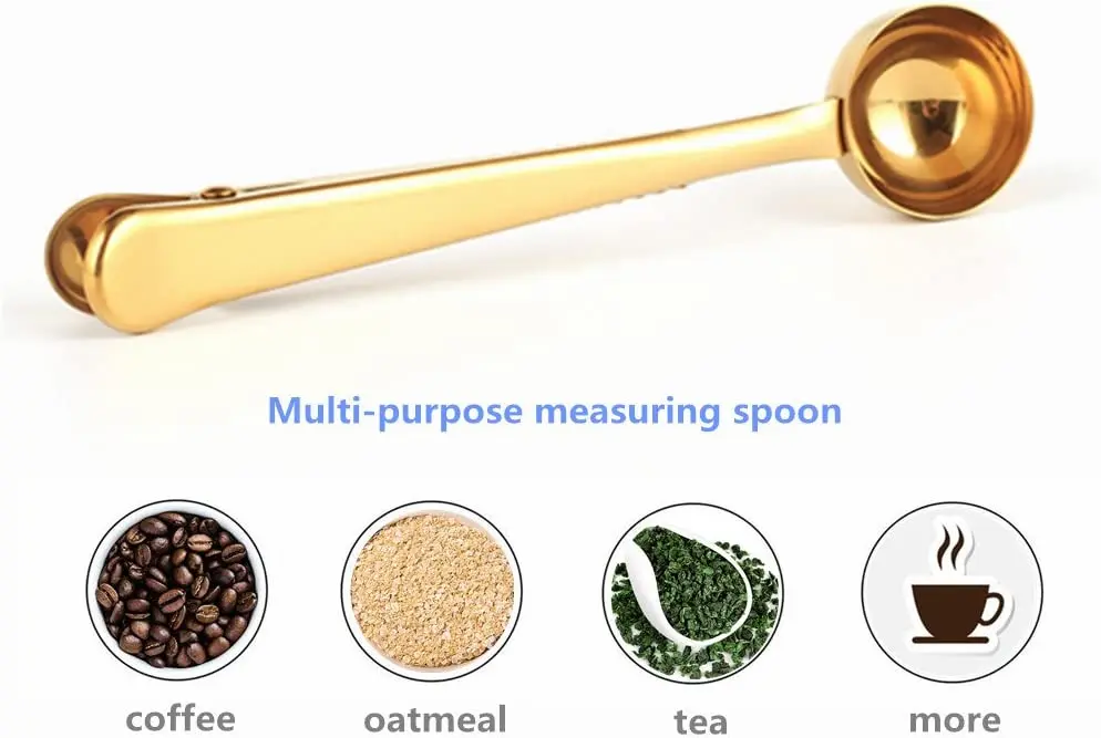 Stainless Steel Golden Coffee Scoop Bag Clip Multi Function Coffee Measuring Spoon