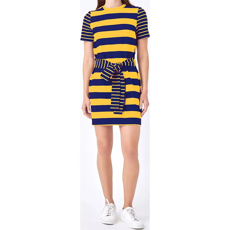 Custom OEM ODM Women Cardigan Dress Summer crew neck Short Sleeve  Striped Pattern  Knit midi Sweater Dress