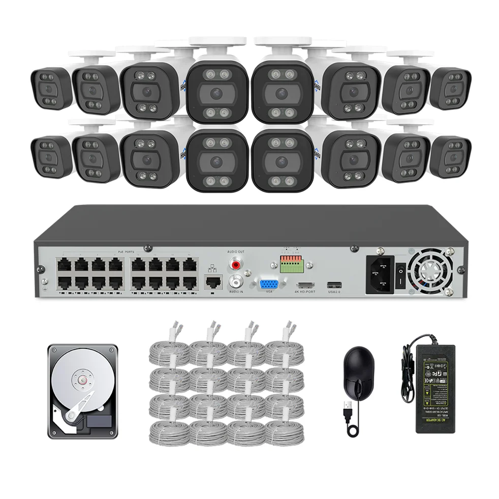 Hiseeu H.265+ Outdoor alarm two-way audio full color night vision ip 4k nvr 5mp poe cctv security camera system 16 channel