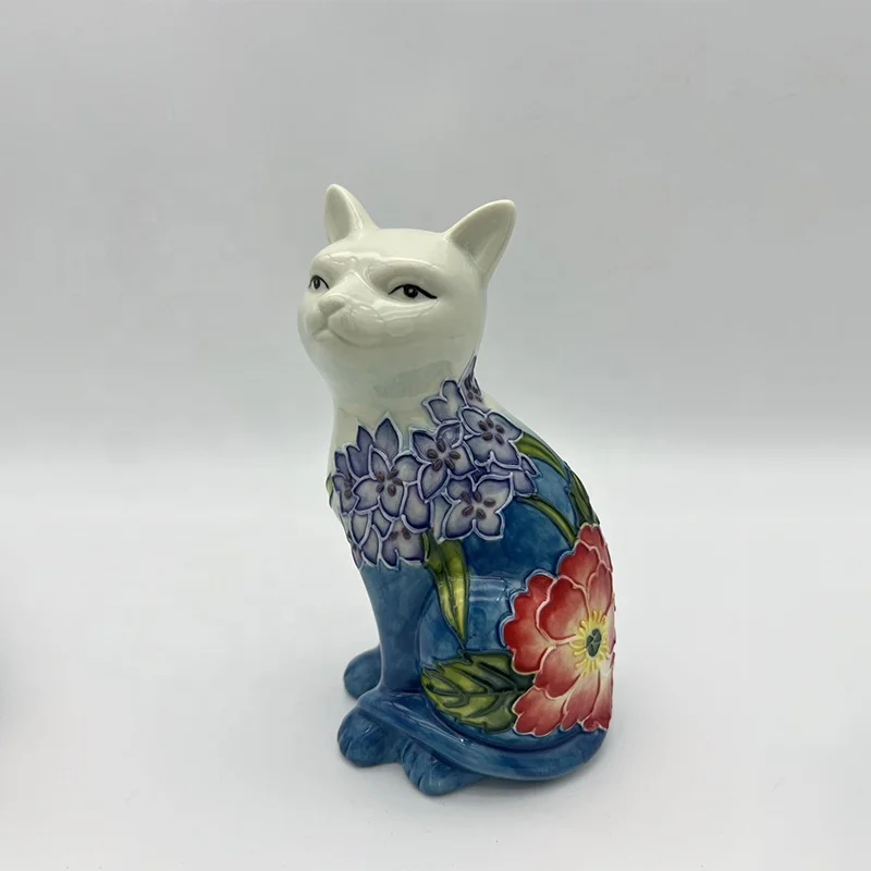Фигурка кошки синий и белый орнамент керамическая 3D статуэтка