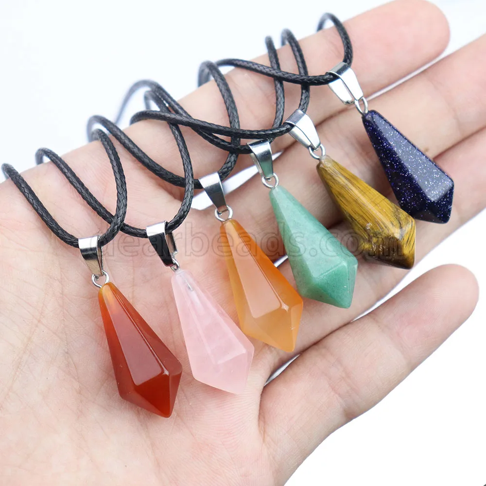Gemstone Faceted Cut Hexagonal Cone Point Mix Stone Crystal Hexagon Point Pendant With Silver Zinc Alloy Accessories