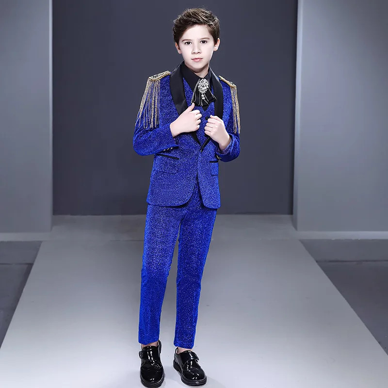 NIMBLE Blue Elaborate Sequined Men Suit Host Piano Performance Flower Boys Texido Blazer Kids Clothing Children Wear Plus Size