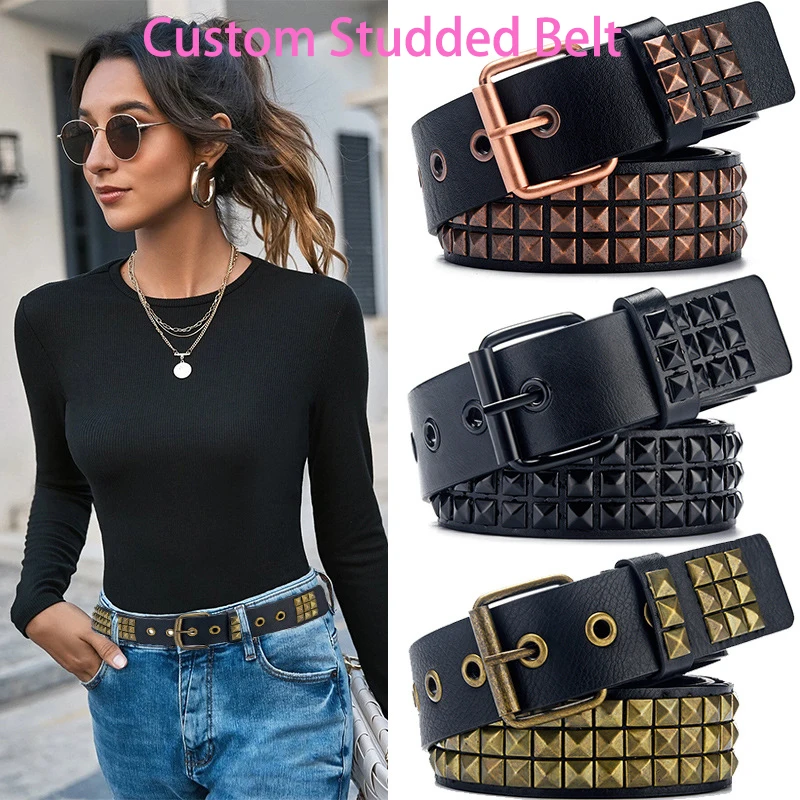 Black Metal Studs Custom Belt For Men Punk Style Genuine Leather Pyramid Studded Women Belt