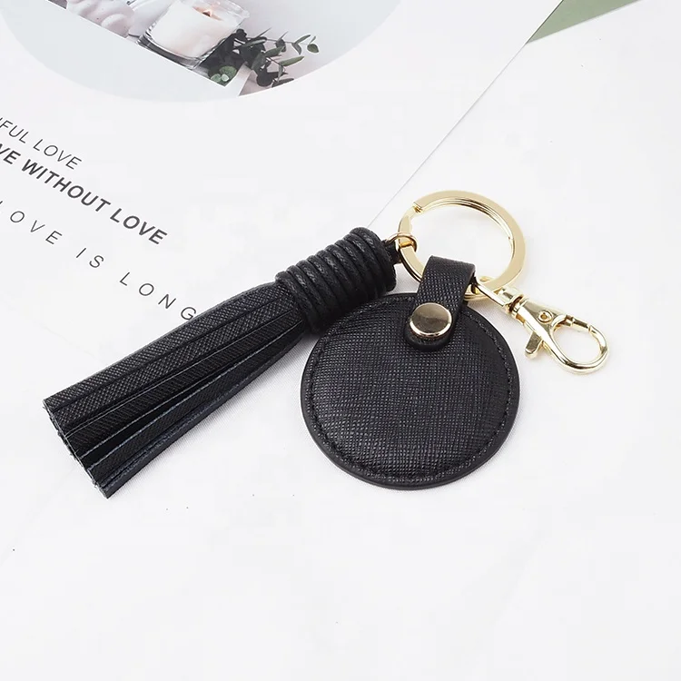 Black Saffiano Leather Circle Round Shape Keyring, Personalised Rose Gold Keychain With Tassel