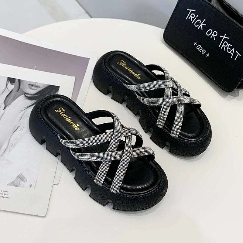 New arrival Thick Sole Wedge heeled sandals platform woman slipper thick bottom chunky Shoes with rhinestone