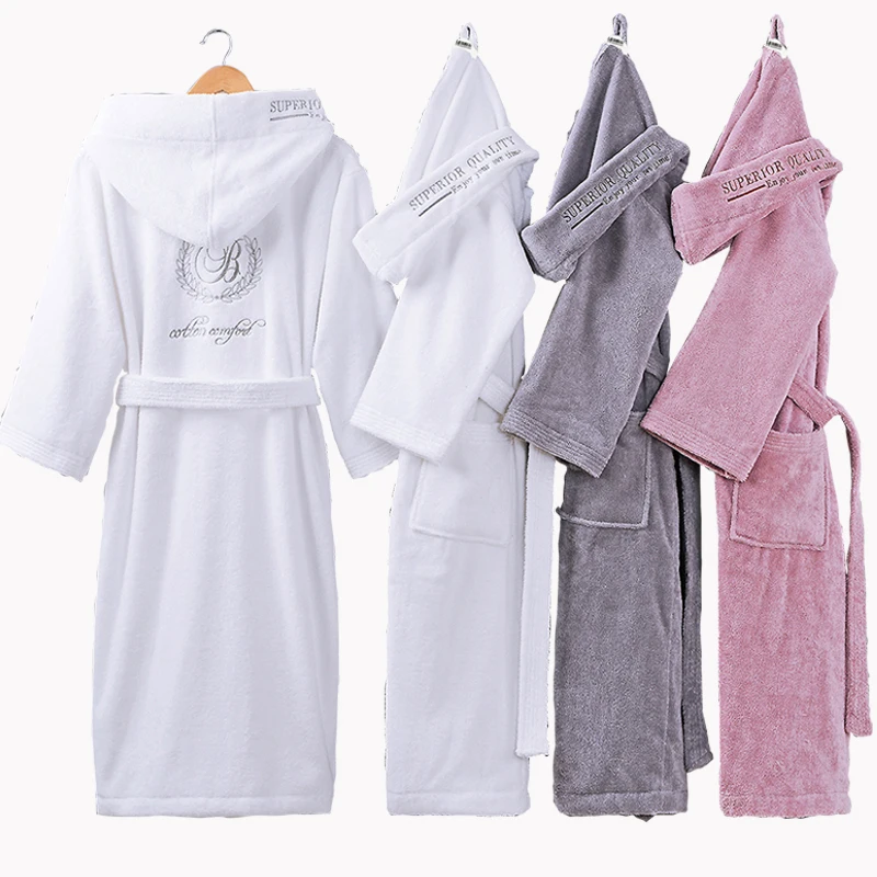 Wholesale Custom Logo Embroidery Hooded Bath Robe 100% Cotton Terry Bathrobe With Hood