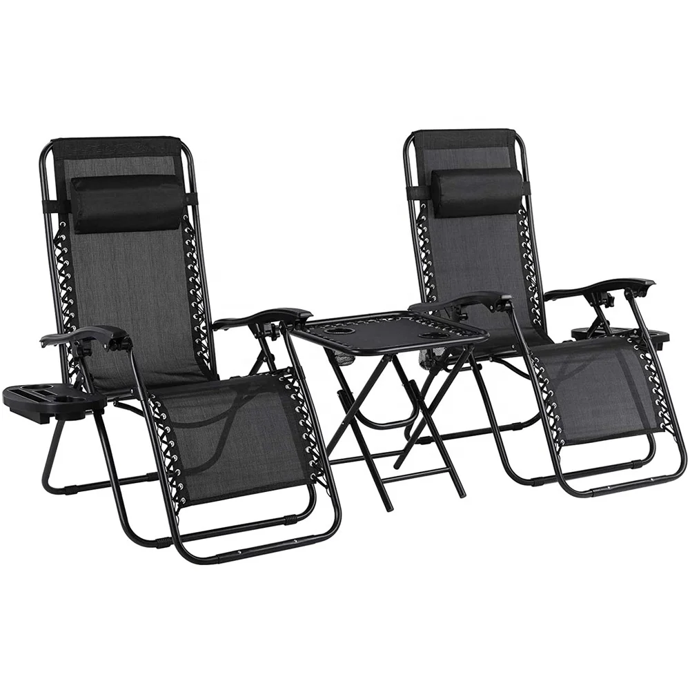 Wholesale Folding Beach Lounge Chair with Table Set of 3 Adjustable Zero gravity Chair with Cup Holder