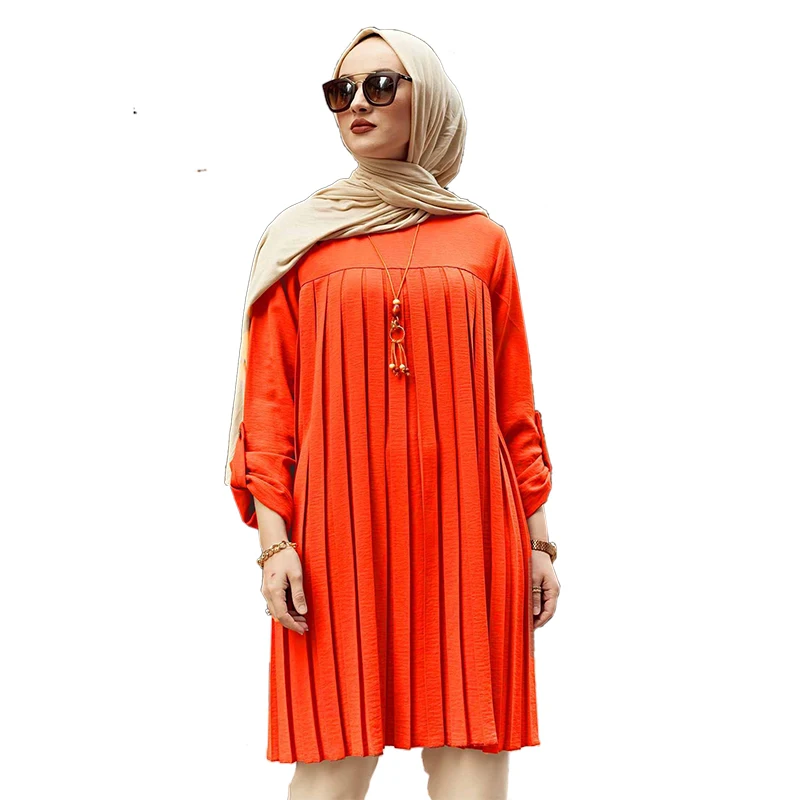 Factory wholesale blouse muslimah muslim blouses women dubai turkey long sleeve pleated solid shirt tops