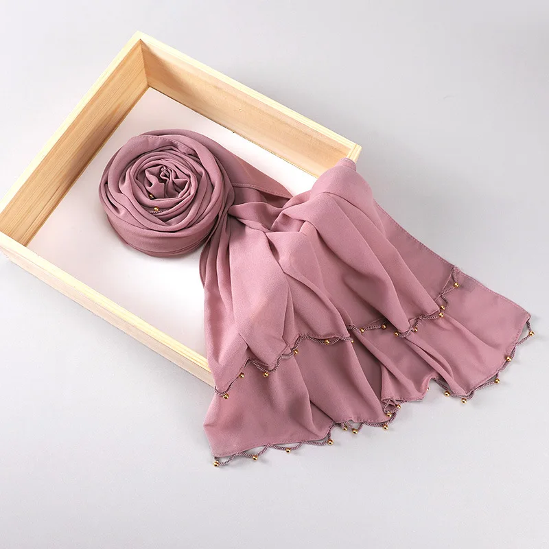 New Fashion Chiffon Hijab Scarf Malaysia Gold Beaded Edge Headscarf Dubai Women Tudung Shawl