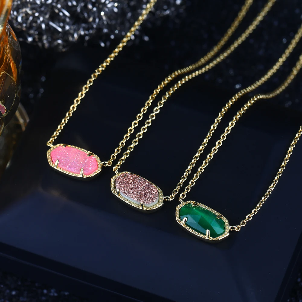 Women Gemstone Natural Stone Jewellery Pendant Necklace Crystal cat eye Druzy Crystal 18k Gold Necklace Jewelry