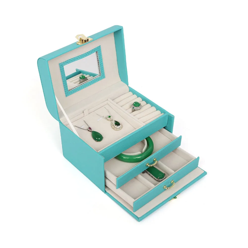 Travel jewelry  Boxes  Suit Factory Large Storage Leather Handmade Jewelry Box PU Leather Light Blue,wine Red