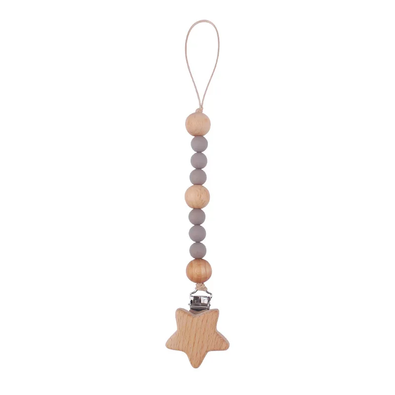 2024 Manufacturer Beauty Decor Wooden Star Silicone Baby Feeder Clips Infant Kids teether Pacifier Clips Chain