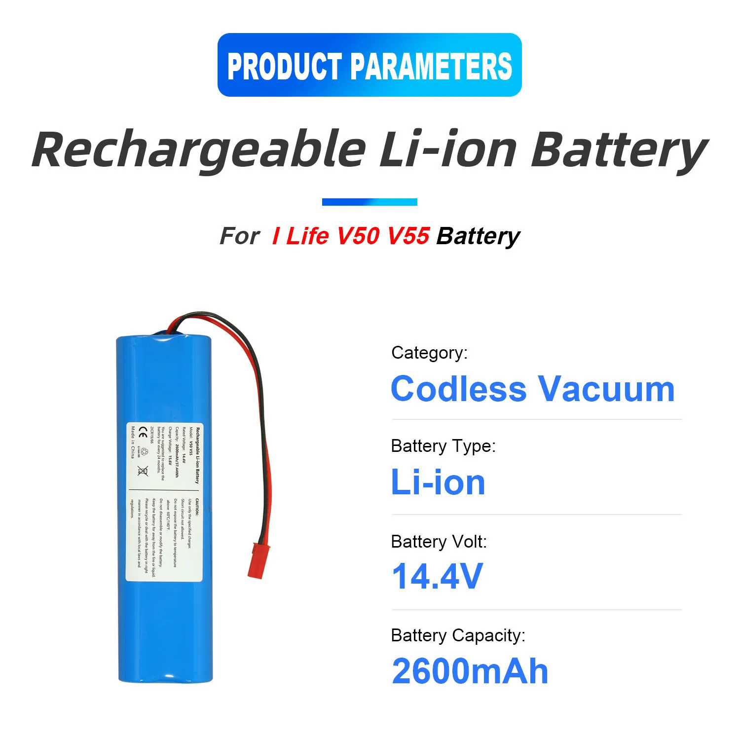 Replacement Vacuum Cleaner battery for Ilife V50 V55 14.4V 2600mAh 1860 li-ion battery