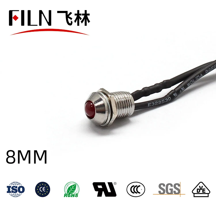 8mm short Waterproof IP67 LED Metal Warning Indicator Light Signal Lamp Pilot + wire 3V 5V 6V 12V 24V 110V 220v Red Yellow Blue