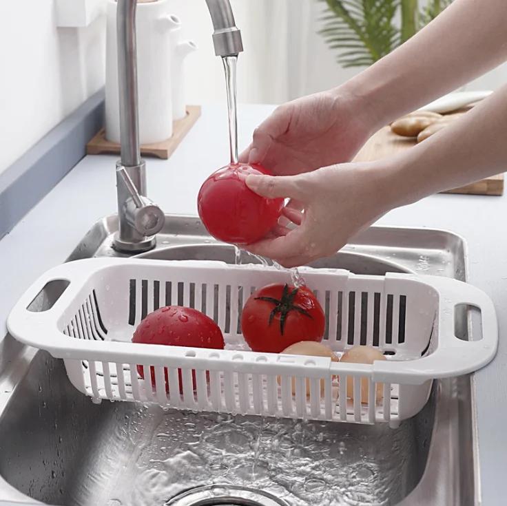 
Fruit Vegetable Kitchen Drain Basket Over Sink Retractable Plastic Colanders & Strainers Family Commonly Used Tools Home Kitchen 
